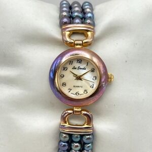 Lee Sands Women's Watch 22mm Gold Tone MOP Iridescent Beads New Battery 7"